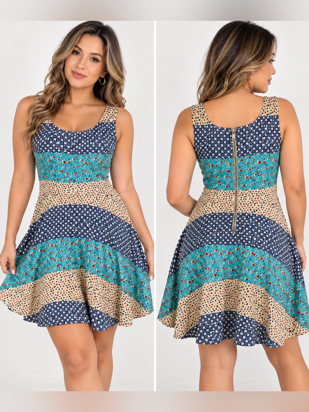 Free People Sleeveless Patchwork Floral Sundress in Navy, Teal & Tan